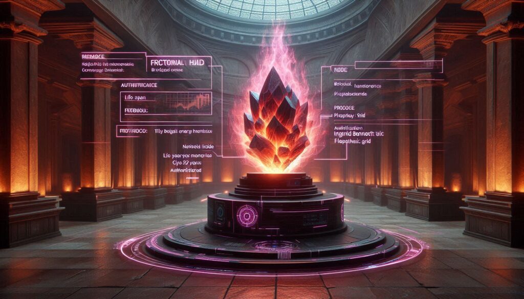 A photorealistic forensic visualization of an Atlantean crystal dome with a tactical neon-magenta HUD overlay showing energy flow and biological data.