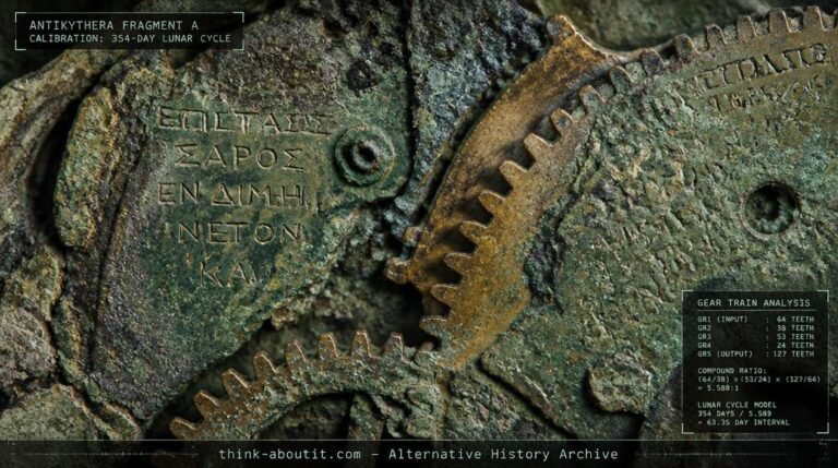 Extreme close-up of the largest surviving fragment of the Antikythera Mechanism showing interlocking corroded bronze gear teeth and faint Greek inscriptions on the verdigris surface