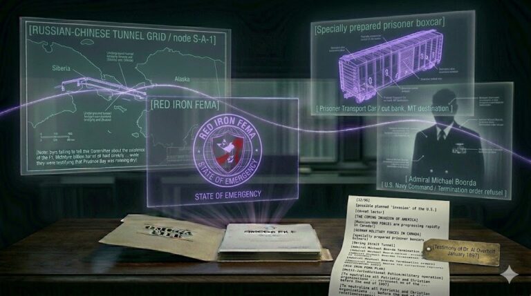 A ghost-unified tactical image showing tunnel maps, prisoner boxcars, and FEMA alerts unified by a glowing violet thread.