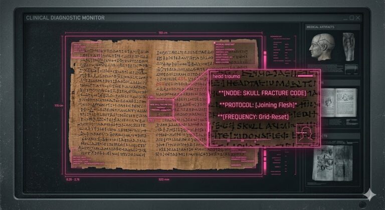 A forensically detailed photograph of the Edwin Smith Papyrus with a tactical neon-magenta HUD overlay showing surgical protocols.