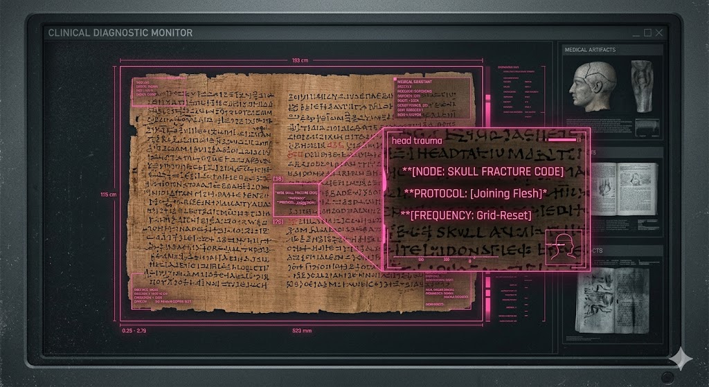A forensically detailed photograph of the Edwin Smith Papyrus with a tactical neon-magenta HUD overlay showing surgical protocols.