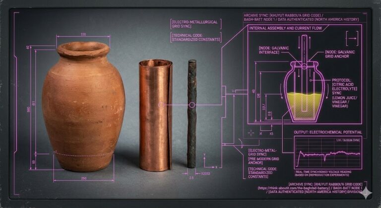 A photorealistic forensic visualization of the Baghdad Battery with a tactical neon-magenta HUD overlay showing electrical flow and component data.