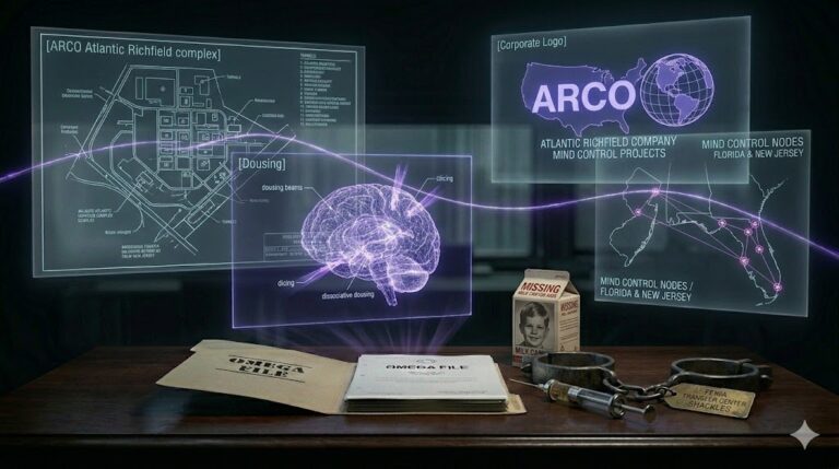A ghost-unified tactical image showing ARCO facility blueprints, brain schematics, and corporate logos unified by a glowing violet thread.