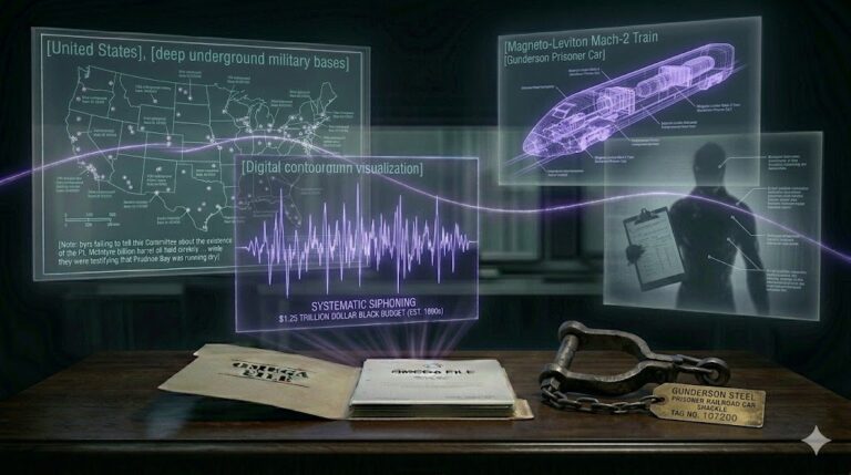 A ghost-unified tactical image showing underground base maps, mag-lev trains, and reptilian silhouettes unified by a glowing violet thread.