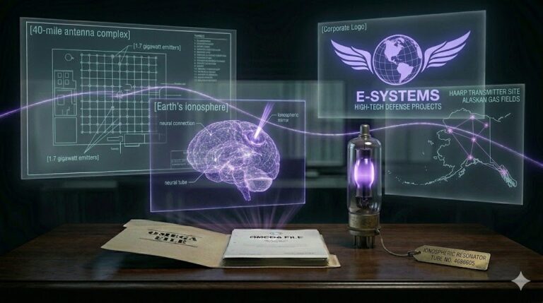 A ghost-unified tactical image showing HAARP antenna blueprints, ionospheric distortions, and Alaskan maps unified by a glowing violet thread.