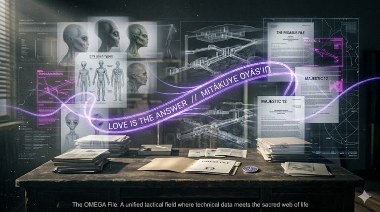 A ghost-like cinematic mosaic of UFOs, alien profiles, and subterranean bases unified by a glowing thread of Love and Mitakuye Oyasin.