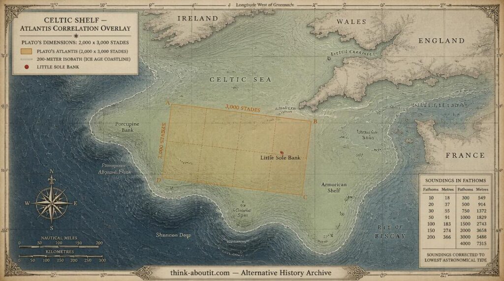 Bathymetric relief map of the Celtic Shelf south of Britain showing the 200-meter isobath Ice Age coastline with a red marker at Little Sole Bank and translucent amber overlay of Plato's Atlantis dimensions