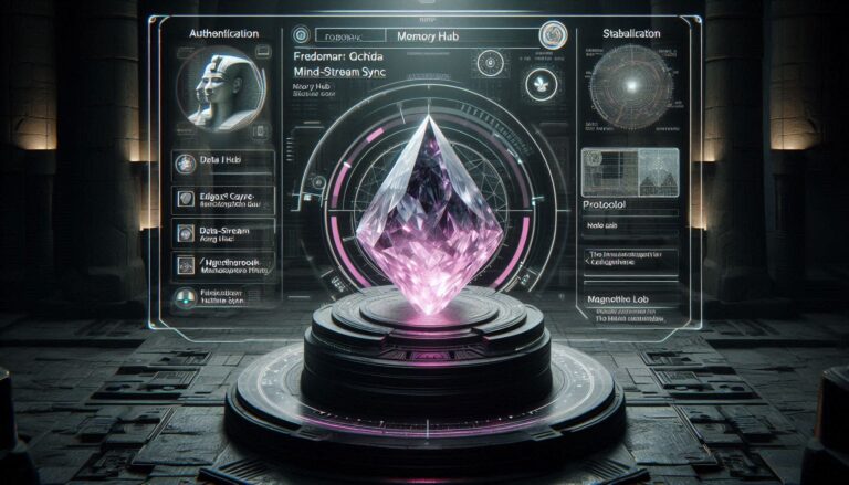 A photorealistic forensic visualization of an Atlantean Living Crystal inside the Sphinx chamber with a tactical neon-magenta HUD overlay showing data resonance.