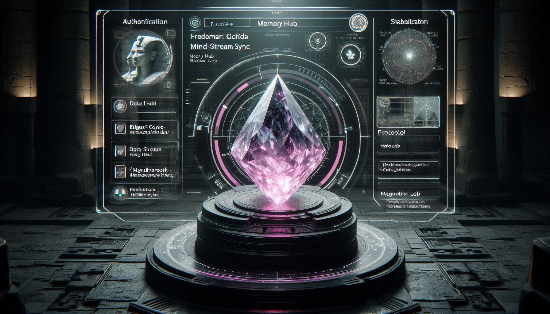 A photorealistic forensic visualization of an Atlantean Living Crystal inside the Sphinx chamber with a tactical neon-magenta HUD overlay showing data resonance.