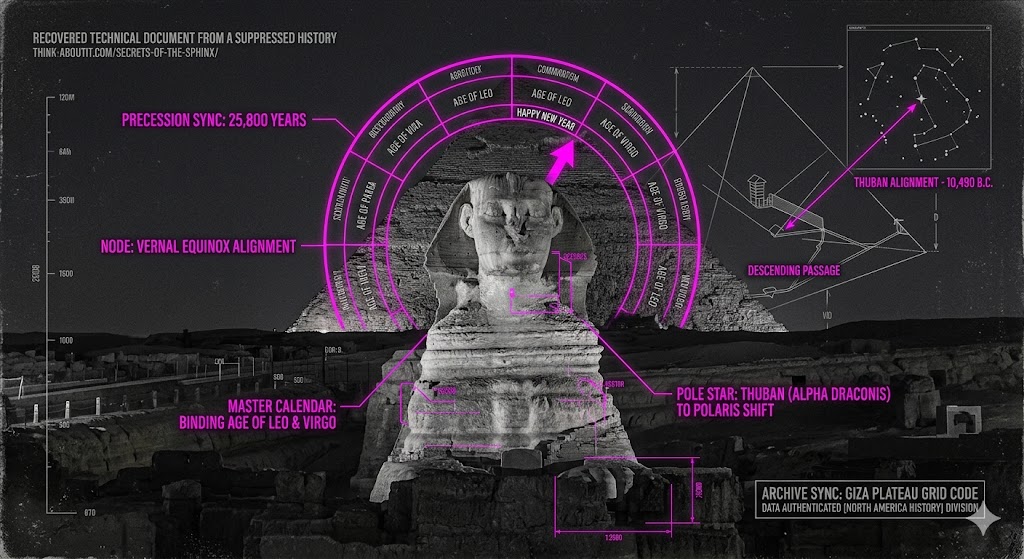Photorealistic forensic visualization of the Sphinx as a precessional calendar with tactical HUD data overlays.