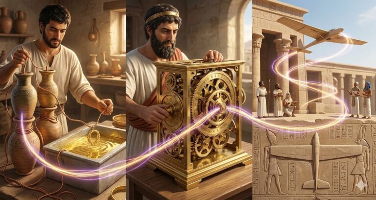 A photorealistic cinematic mosaic showing a Parthian battery gold-plating jewelry, a Greek Antikythera computer, and an Egyptian glider flight