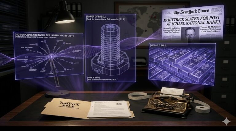 A ghost-unified tactical image showing corporate networks, the B.I.S. tower, and looted gold bars unified by a glowing violet thread.