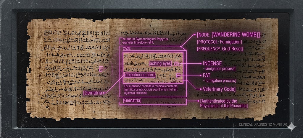A forensically detailed photograph of the Kahun Gynaecological Papyrus with a tactical neon-magenta HUD overlay showing clinical protocols.