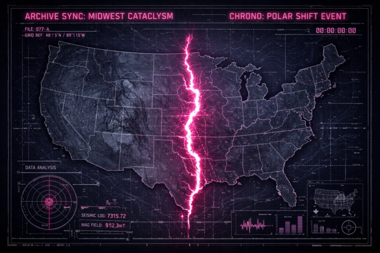 Technical HUD visualization of a future Midwest cataclysm showing the United States split by a massive inland sea.