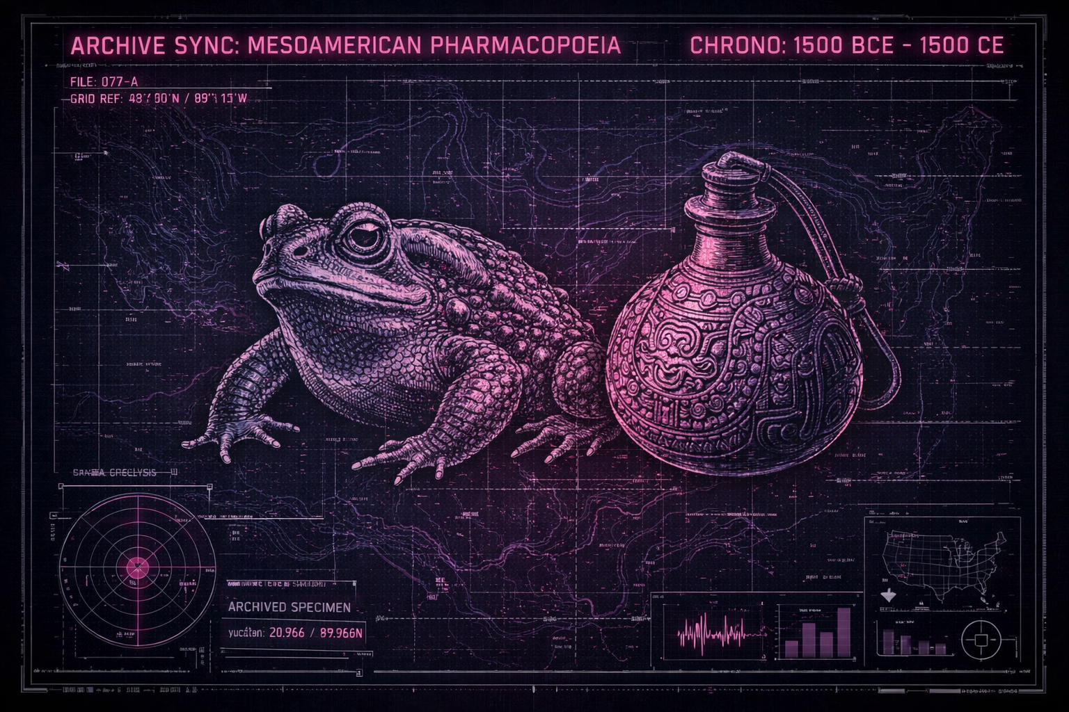 Technical HUD visualization of a Bufo toad and ceremonial artifacts used in ancient Mesoamerican rituals.