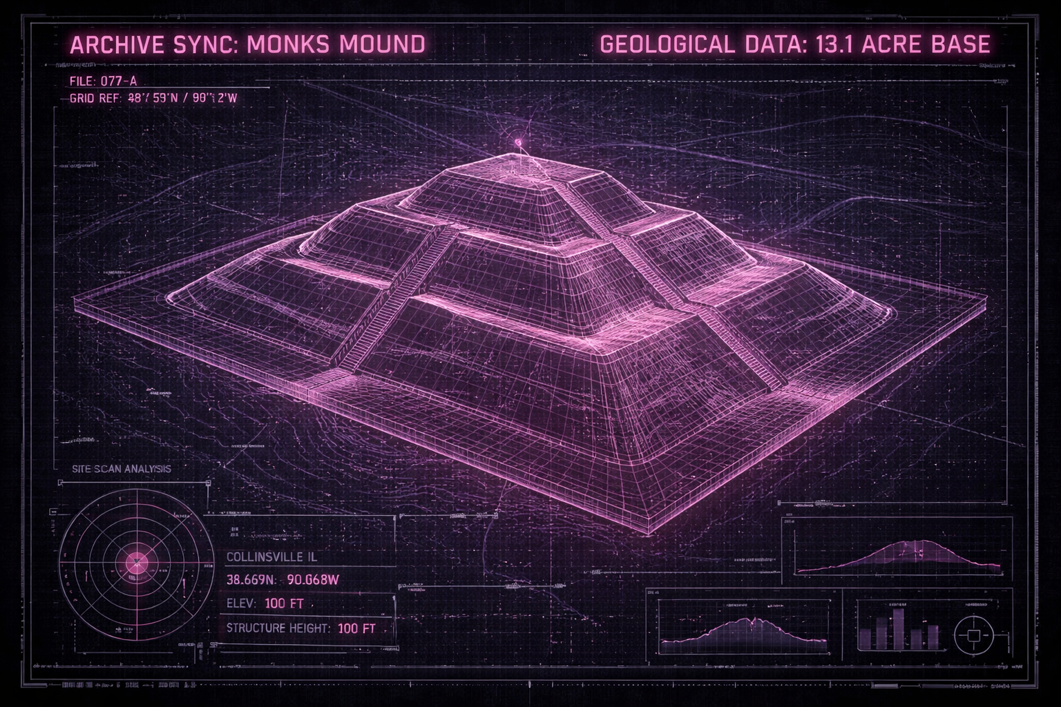Technical HUD visualization of Monks Mound at Cahokia, showing its 13-acre base and Mississippian architectural schematic.