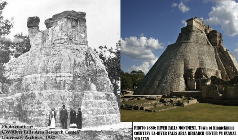Side-by-side comparison of the River Falls Monument in Wisconsin and the Uxmal Maya pyramid in Mexico.