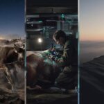 A photorealistic cinematic mosaic showing an Argentine cattle stampede, a Geiger counter HUD analysis, and a puma silhouette.