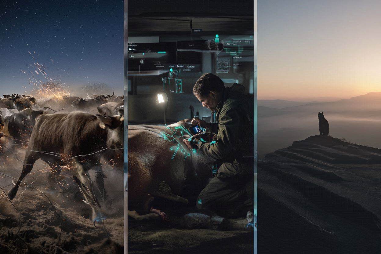 A photorealistic cinematic mosaic showing an Argentine cattle stampede, a Geiger counter HUD analysis, and a puma silhouette.