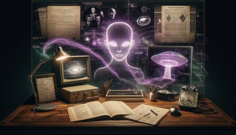 A ghost-unified tactical image showing the intersection of Nazi UFO history, Grey alien biometrics, and Montauk project schematics.