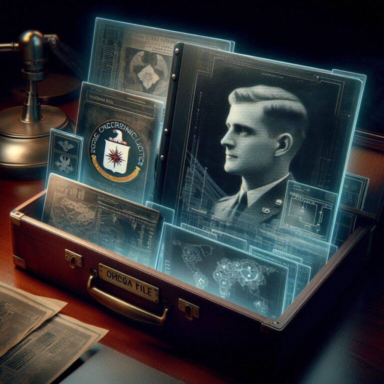 A ghost-unified tactical image showing Gen. Gehlen, CIA seals, and medical file schematics unified by a glowing violet thread.