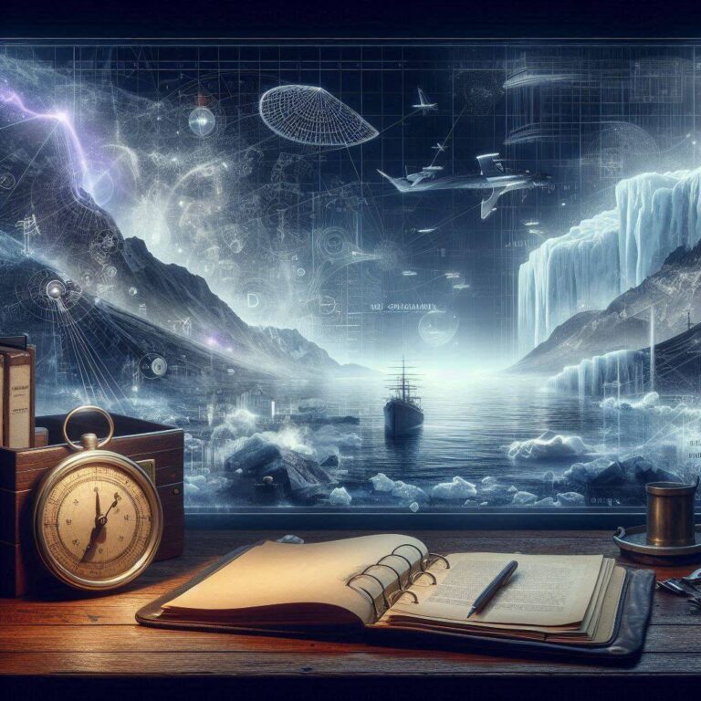 A ghost-unified tactical image showing Antarctic flight maps, HANEBU disk silhouettes, and sub-glacial cave schematics unified by a glowing violet thread.