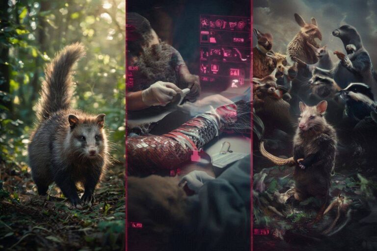 A photorealistic cinematic mosaic showing Possum's bushy tail, Rabbit's snake-skin trick, and the humiliation at the Council.