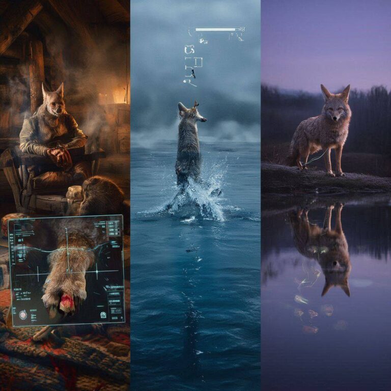A photorealistic cinematic mosaic showing a gnawed beaver toe, Coyote's failed river dive, and a reflective pond connection.