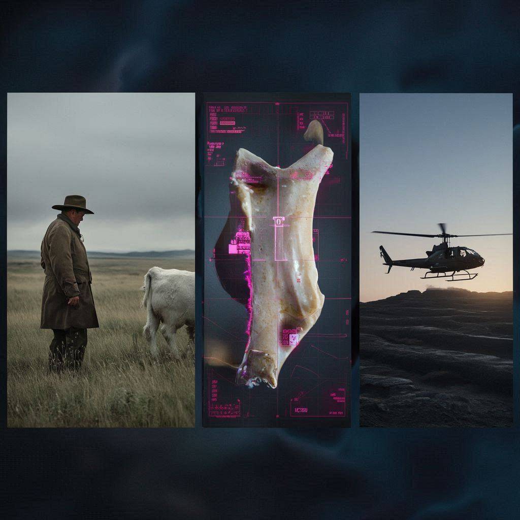 A photorealistic cinematic mosaic showing a Montana rancher, a laser-cauterized cattle bone HUD, and a black helicopter at dusk.