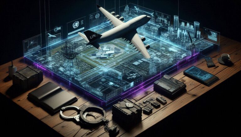 A ghost-unified tactical image showing U.N. aircraft schematics, shackles, and FEMA transfer center maps unified by a glowing violet thread.