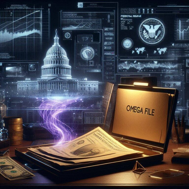 A ghost-unified tactical image showing the Capitol dome, Nazi gold, and Federal Reserve schematics unified by a glowing violet thread.