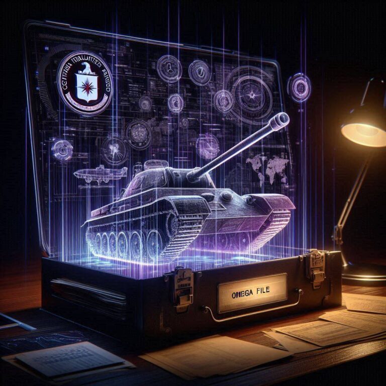 A ghost-unified tactical image showing WWII tanks, CIA seals, and corporate schematics unified by a glowing violet thread.