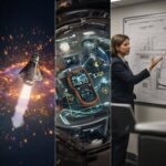 A photorealistic cinematic mosaic showing the Orion craft in the radiation belts, a Geiger counter HUD, and a NASA briefing room.