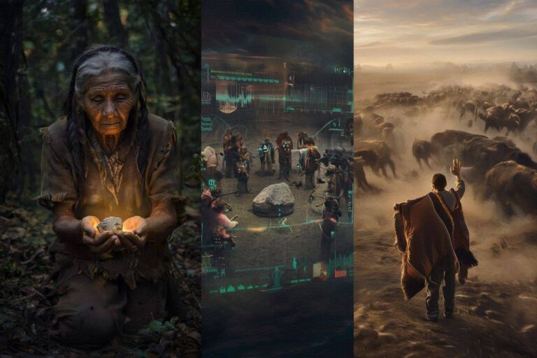 A photorealistic cinematic mosaic showing an old woman with a singing stone, a lodge frequency HUD, and a buffalo herd appearing.