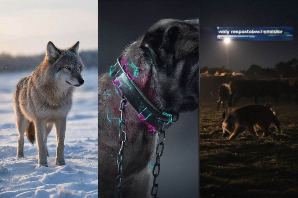 A photorealistic cinematic mosaic showing a lean wolf in snow, a neck collar HUD analysis, and a dog framed for a wolf's kill.