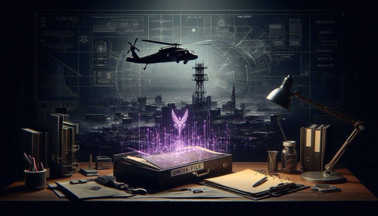 A ghost-unified tactical image showing transmission towers, black choppers, and FEMA maps unified by a glowing violet thread.