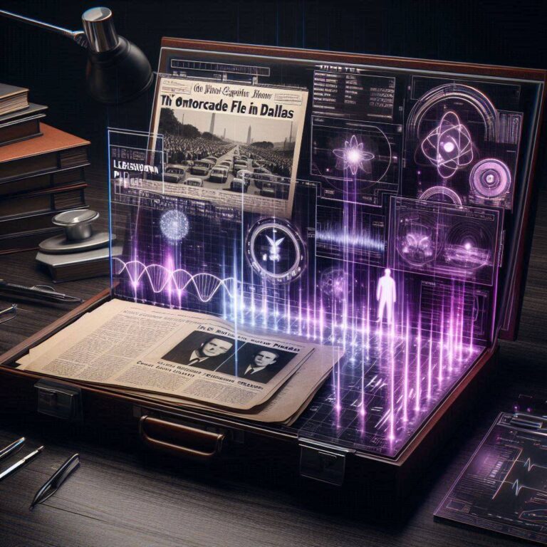 A ghost-unified tactical image showing JFK history, lebensborn DNA schematics, and clinical silhouettes unified by a glowing violet thread.