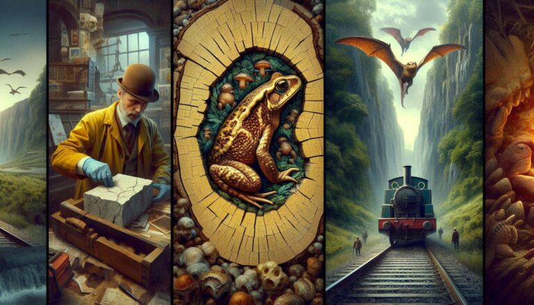 A photorealistic cinematic mosaic showing a toad in limestone, toads in a tree trunk, and a pterodactyl emerging from a rock.