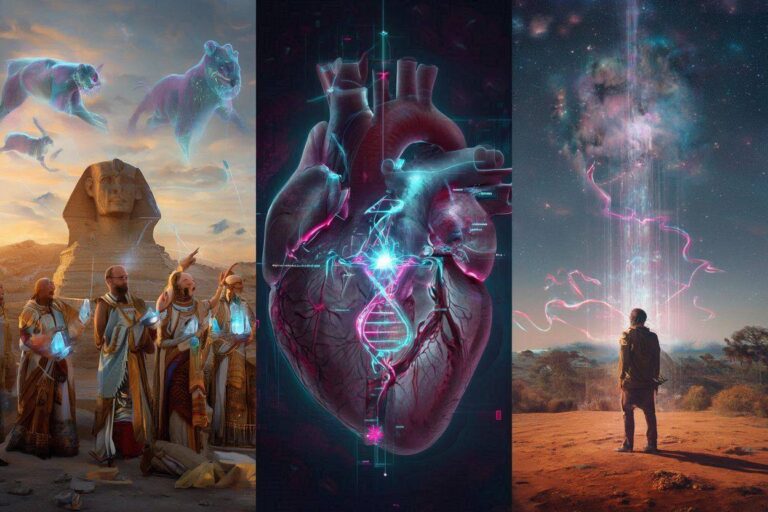 A photorealistic cinematic mosaic showing pre-flood Giza, a 12-strand DNA HUD overlay, and an Aboriginal Dreamtime connection to Orion.