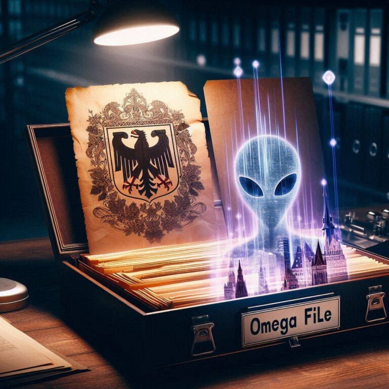 A ghost-unified tactical image showing Nazi disk schematics, CIA seals, and Gehlen portraits unified by a glowing violet thread.