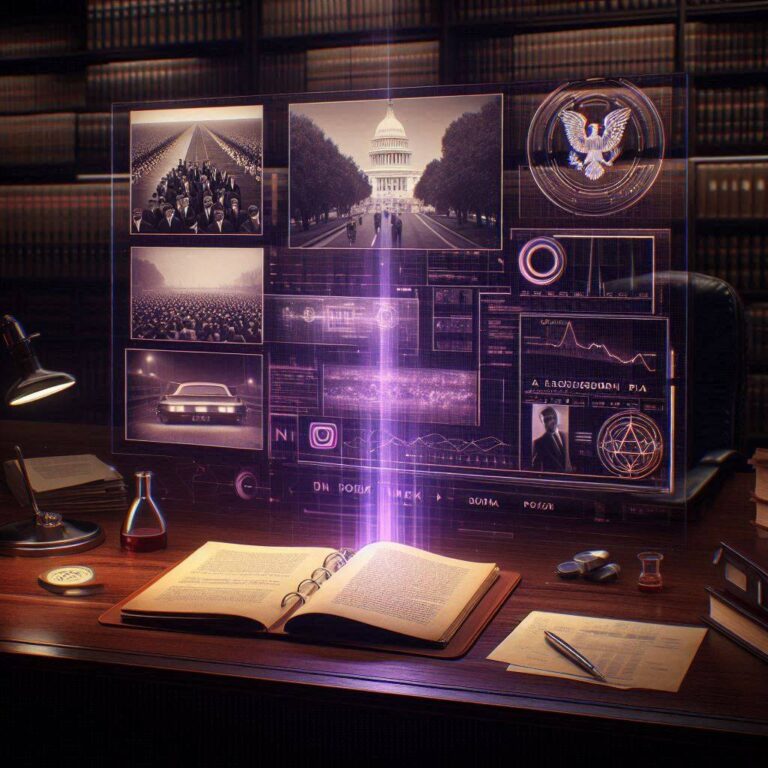 A ghost-unified tactical image showing a vintage microphone, magnetic tapes, and Dallas silhouettes unified by a glowing violet thread.