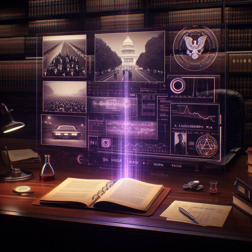 A ghost-unified tactical image showing a vintage microphone, magnetic tapes, and Dallas silhouettes unified by a glowing violet thread.