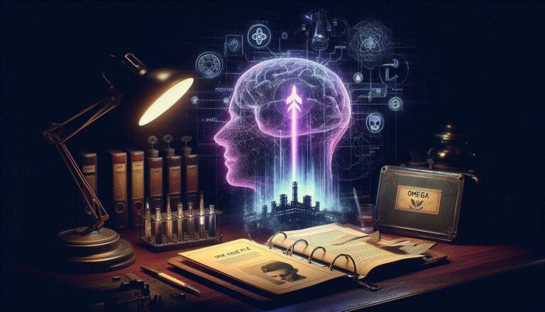 A ghost-unified tactical image showing brain schematics, the Spear of Destiny, and chemical factory silhouettes unified by a glowing violet thread.