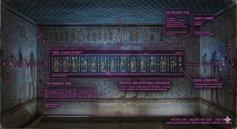 A photorealistic forensic visualization of the Pyramid Texts with tactical HUD overlays showing the Tuat navigation map.