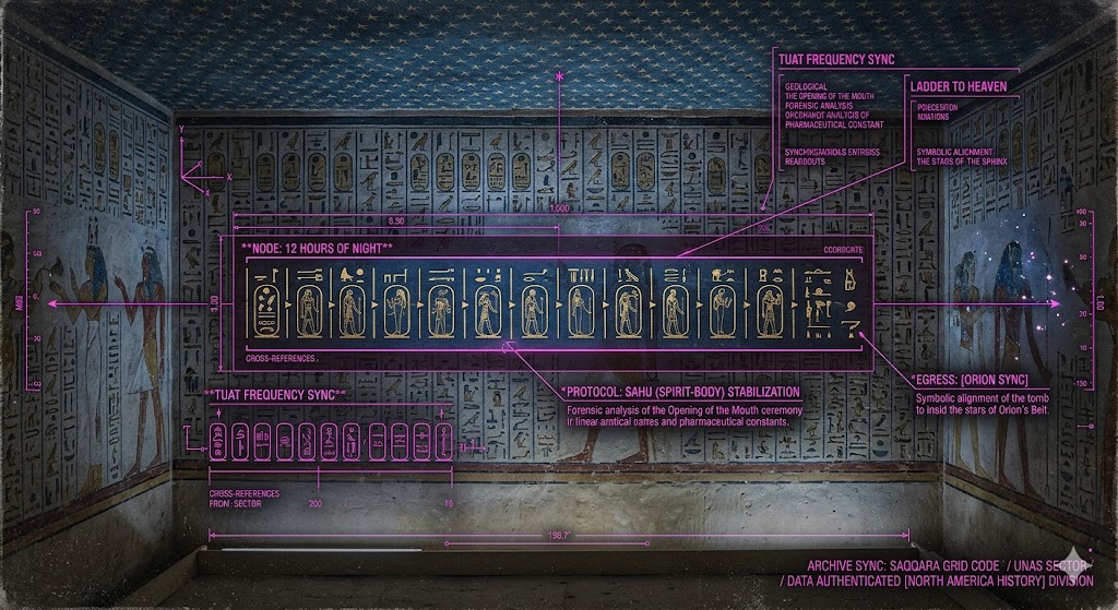 A photorealistic forensic visualization of the Pyramid Texts with tactical HUD overlays showing the Tuat navigation map.