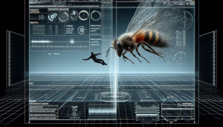 A photorealistic forensic visualization of a human eye and an insect eye perceiving a clock with a tactical neon-magenta HUD overlay showing frequency data.