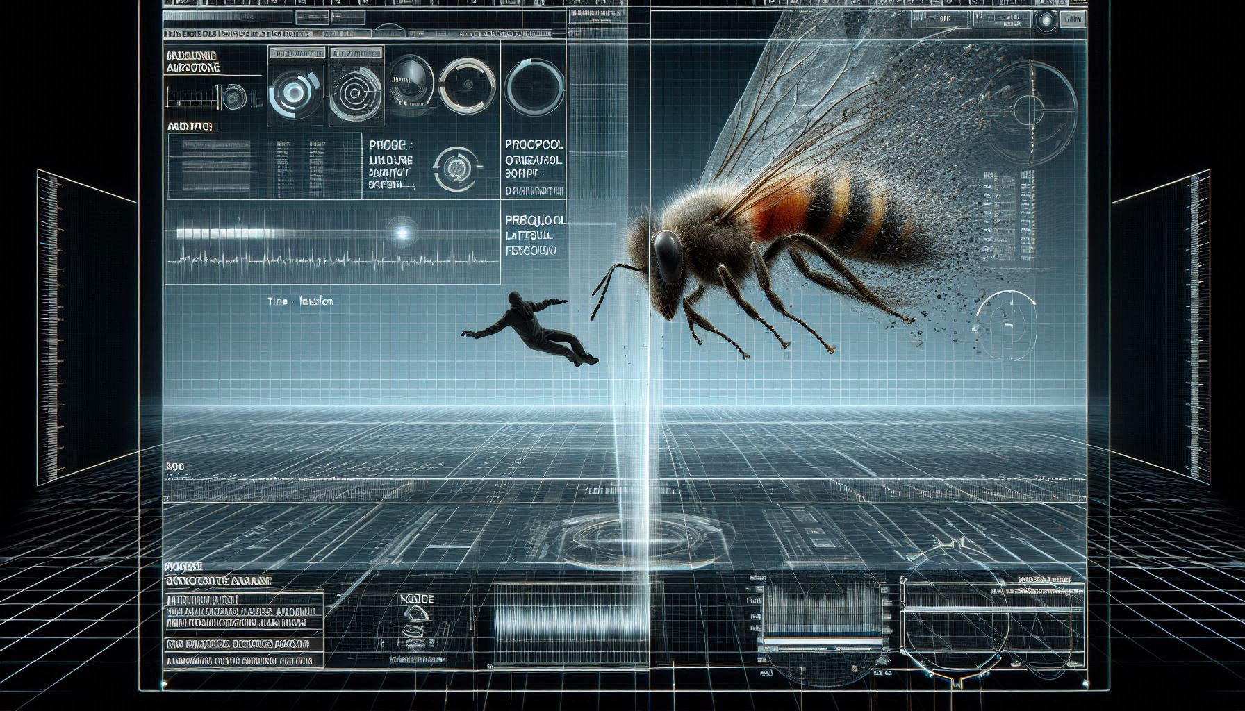 A photorealistic forensic visualization of a human eye and an insect eye perceiving a clock with a tactical neon-magenta HUD overlay showing frequency data.