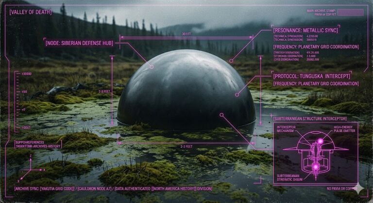 A photorealistic forensic visualization of a metallic cauldron submerged in a Siberian swamp with a tactical HUD overlay.