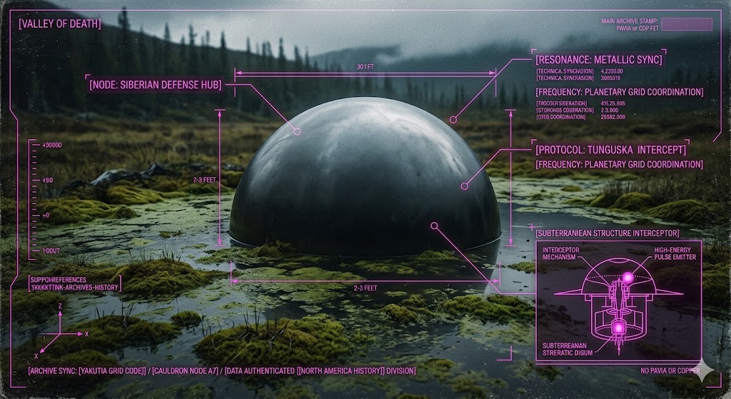 A photorealistic forensic visualization of a metallic cauldron submerged in a Siberian swamp with a tactical HUD overlay.