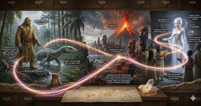 A photorealistic cinematic mosaic showing Lemurian giants with reptiles, a city destroyed by fire, and a Venusian teacher.